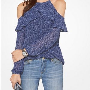 Michael Kors Blue Floral Ruffled Peekaboo Dress